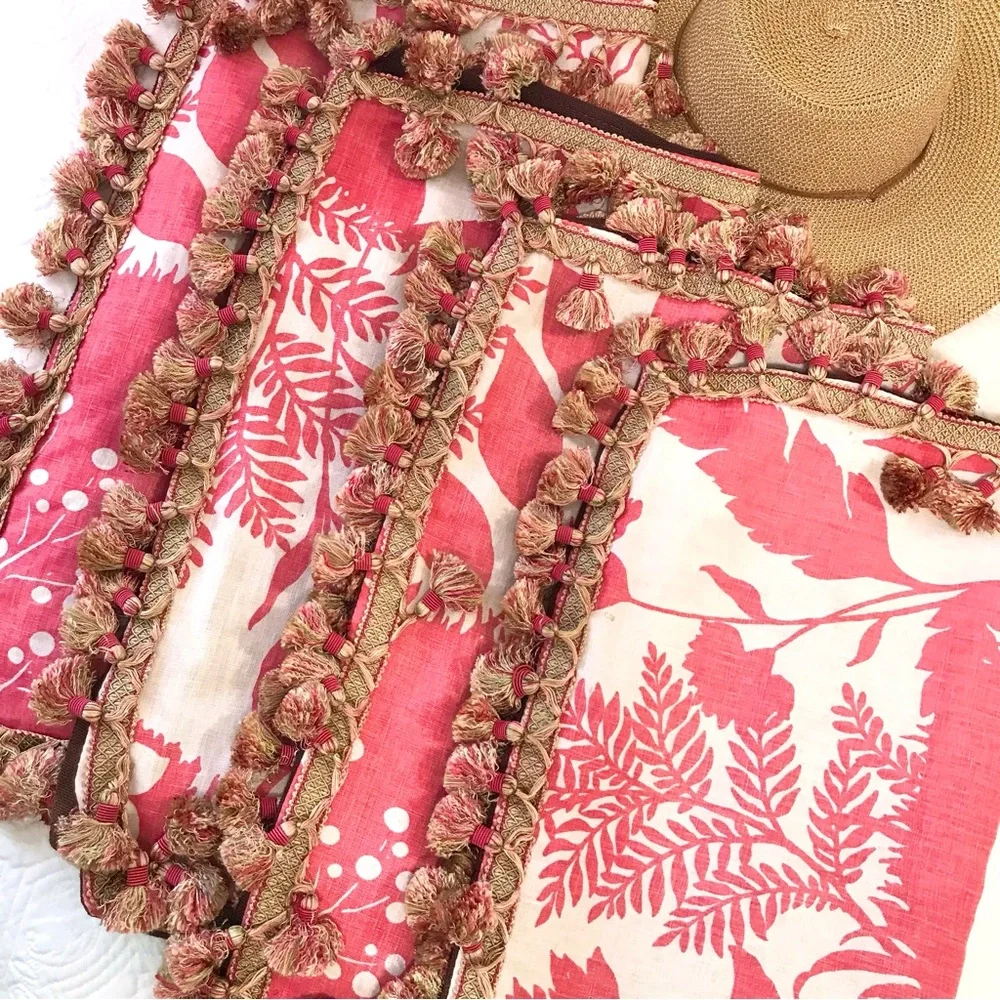 Set of 4 Large Botanical Tassel Accent Pillow Covers Coastal Decor 24” x 24”